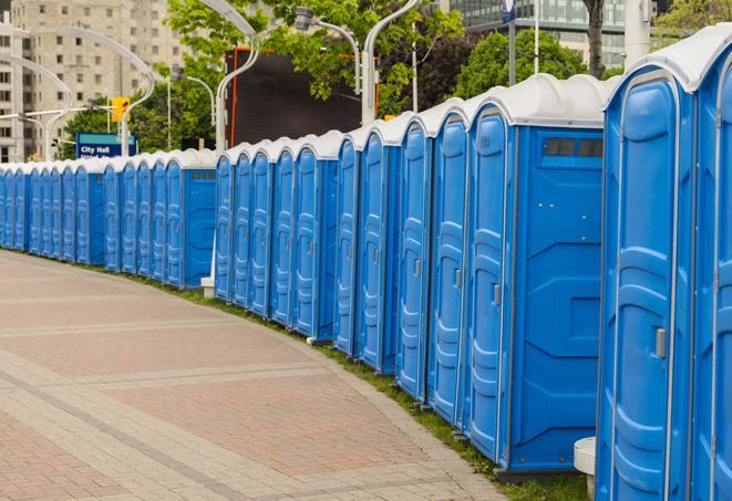 Seasonal porta potty units set up at a Corning, California venue