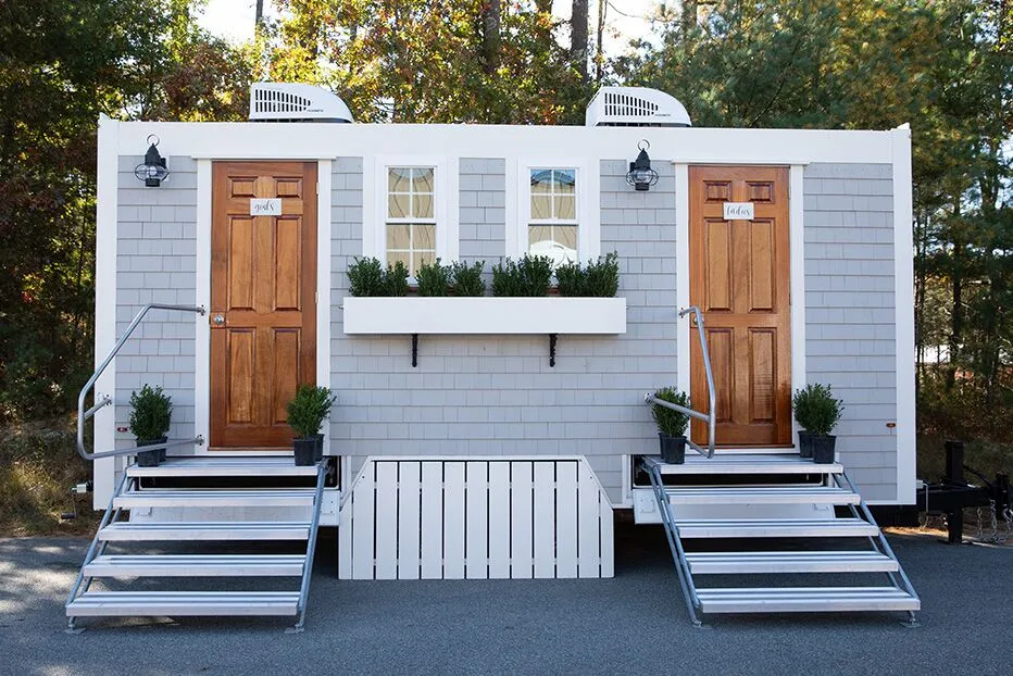 Wedding restroom units discretely staged at a venue in Corning, California
